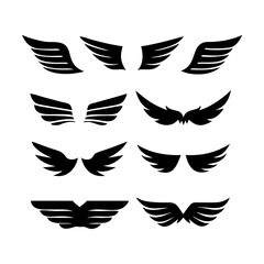 Black wings icon set. Wings icons. Collection badges of wings. Vector illustration. Set of wings icons. Collection wings badges. Vector illustration. Silhouette Vector Black. with white background
