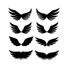Black wings icon set. Wings icons. Collection badges of wings. Vector illustration.Set of wings icons. Collection wings badges. Vector illustration.Silhouette Vector Black. with white background
