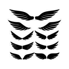 Black wings icon set. Wings icons. Collection badges of wings. Vector illustration.Set of wings icons. Collection wings badges. Vector illustration.Silhouette Vector Black. with white background
