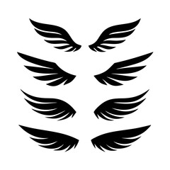 Black wings icon set. Wings icons. Collection badges of wings. Vector illustration. Set of wings icons. Collection wings badges. Vector illustration. Silhouette Vector Black. with white background
