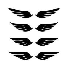 Black wings icon set. Wings icons. Collection badges of wings. Vector illustration. Set of wings icons. Collection wings badges. Vector illustration. Silhouette Vector Black. with white background
