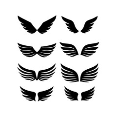Black wings icon set. Wings icons. Collection badges of wings. Vector illustration.Set of wings icons. Collection wings badges. Vector illustration.Silhouette Vector Black. with white background
