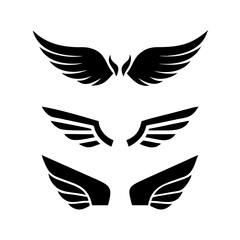 Black wings icon set. Wings icons. Collection badges of wings. Vector illustration. Set of wings icons. Collection wings badges. Vector illustration. Silhouette Vector Black. with white background
