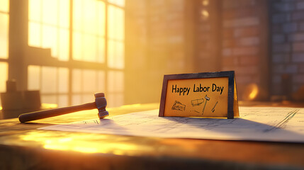 Labor Day Still Life: A sunlit workspace, featuring a "Happy Labor Day" sign, drafting plans, and a hammer, embodies dedication, hard work, and the essence of this holiday.