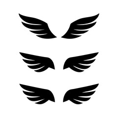 Black wings icon set. Wings icons. Collection badges of wings. Vector illustration. Set of wings icons. Collection wings badges. Vector illustration. Silhouette Vector Black. with white background
