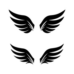 Black wings icon set. Wings icons. Collection badges of wings. Vector illustration. Set of wings icons. Collection wings badges. Vector illustration. Silhouette Vector Black. with white background
