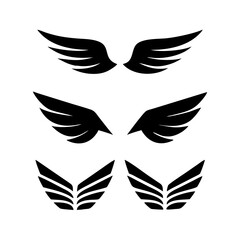 Black wings icon set. Wings icons. Collection badges of wings. Vector illustration. Set of wings icons. Collection wings badges. Vector illustration. Silhouette Vector Black. with white background
