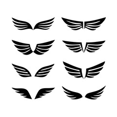 Black wings icon set. Wings icons. Collection badges of wings. Vector illustration. Set of wings icons. Collection wings badges. Vector illustration. Silhouette Vector Black. with white background
