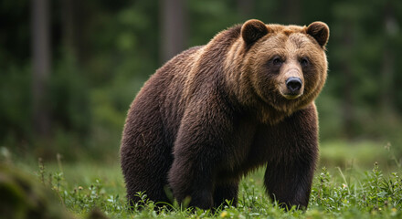 Fototapeta premium Brown Bear Standing in Forest Meadow Looking at Camera Wild Animal