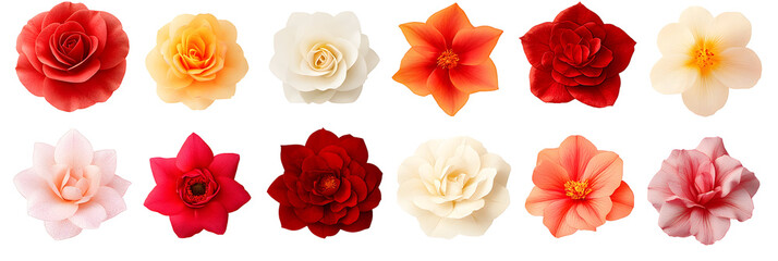 Fototapeta premium Vibrant floral arrangement showcasing various colored camellias against a black backdrop