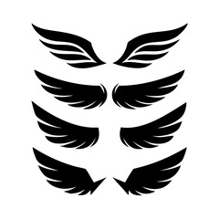 Black wings icon set. Wings icons. Collection badges of wings. Vector illustration.Set of wings icons. Collection wings badges. Vector illustration.Silhouette Vector Black. with white background
