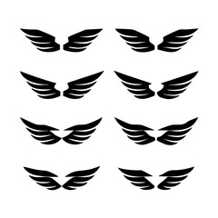 Black wings icon set. Wings icons. Collection badges of wings. Vector illustration.Set of wings icons. Collection wings badges. Vector illustration.Silhouette Vector Black. with white background
