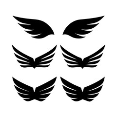 Obraz premium Black wings icon set. Wings icons. Collection badges of wings. Vector illustration.Set of wings icons. Collection wings badges. Vector illustration.Silhouette Vector Black. with white background 
