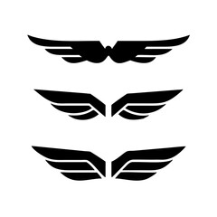 Black wings icon set. Wings icons. Collection badges of wings. Vector illustration.Set of wings icons. Collection wings badges. Vector illustration.Silhouette Vector Black. with white background
