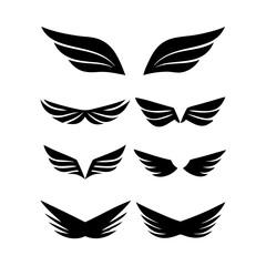 Black wings icon set. Wings icons. Collection badges of wings. Vector illustration.Set of wings icons. Collection wings badges. Vector illustration.Silhouette Vector Black. with white background
