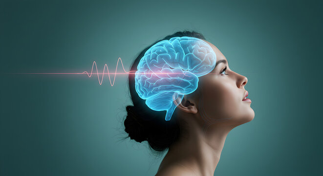Side View of a Woman with Glowing Digital Brain Graphic and Red Signal Waves on Teal Background - Powered by Adobe