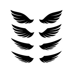 Black wings icon set. Wings icons. Collection badges of wings. Vector illustration.Set of wings icons. Collection wings badges. Vector illustration.Silhouette Vector Black. with white background
