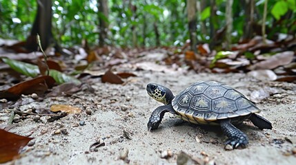Naklejka premium Tiny turtle on a forest trail