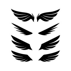 Obraz premium Black wings icon set. Wings icons. Collection badges of wings. Vector illustration.Set of wings icons. Collection wings badges. Vector illustration.Silhouette Vector Black. with white background 