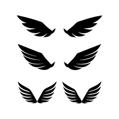 Black wings icon set. Wings icons. Collection badges of wings. Vector illustration.Set of wings icons. Collection wings badges. Vector illustration.Silhouette Vector Black. with white background
