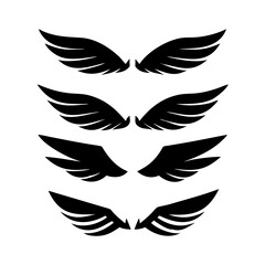 Black wings icon set. Wings icons. Collection badges of wings. Vector illustration.Set of wings icons. Collection wings badges. Vector illustration.Silhouette Vector Black. with white background
