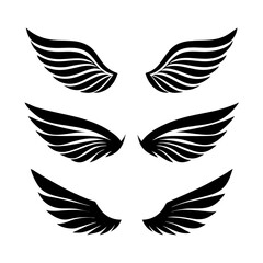 Black wings icon set. Wings icons. Collection badges of wings. Vector illustration.Set of wings icons. Collection wings badges. Vector illustration.Silhouette Vector Black. with white background
