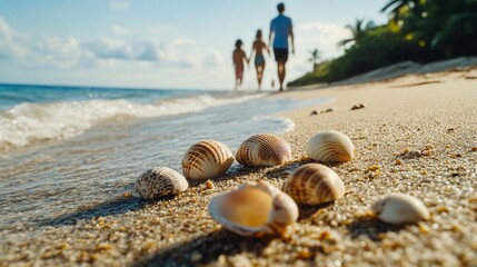 Obraz premium Seashells on a Tropical Beach with Family in Background