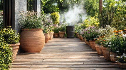 Outdoor patio with plants and misting