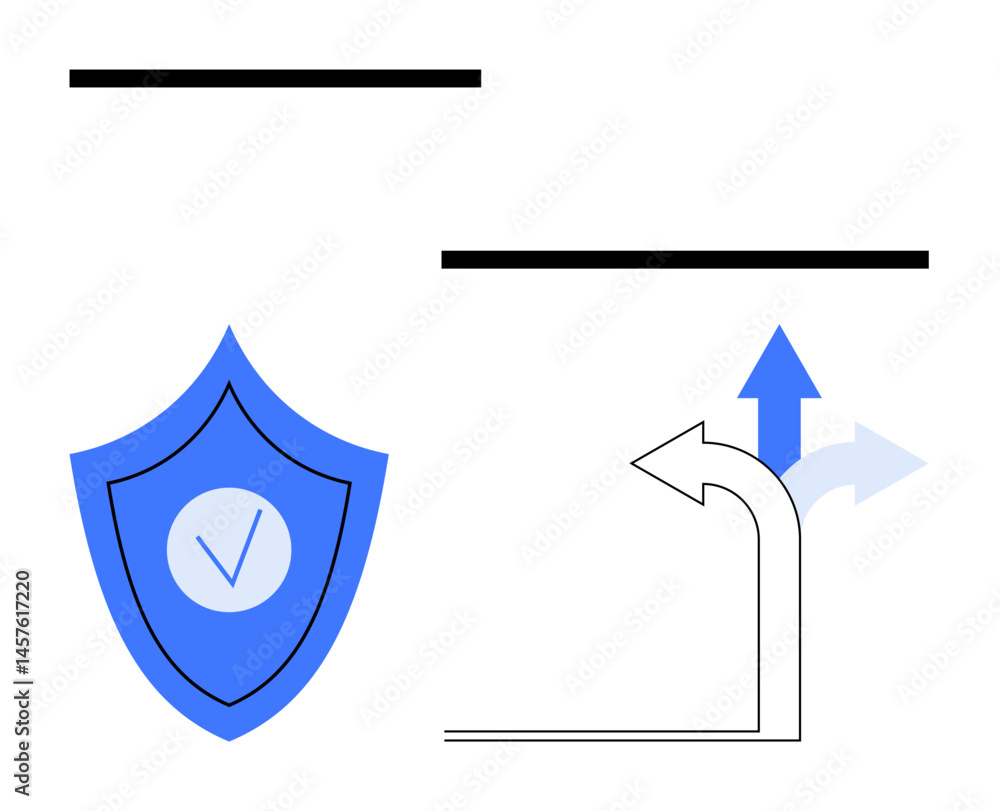 Poster blue shield with checkmark next to diverging arrows indicating decisions and pathways. ideal for con