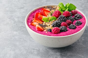 Vibrant plant-based smoothie bowl with fresh berries, granola and chia seeds