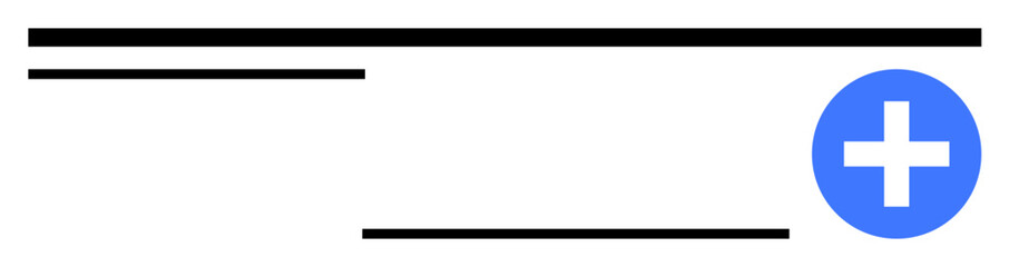 Fototapeta premium Horizontal black lines resembling text with a blue circular add button on the right. Ideal for content creation, user interaction, social media, productivity, data input, UIUX design, simple landing