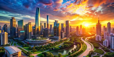 Fototapeta premium Aerial View of City Skyline - Future Urban Development & Innovative Technology