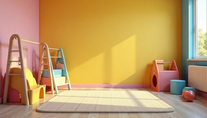 Brightly lit play area with climbing frame and soft blocks, childcare, development
