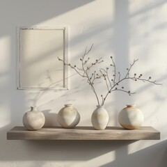 Four vases are on a shelf. The vases are white and have a similar shape. The shelf is made of wood