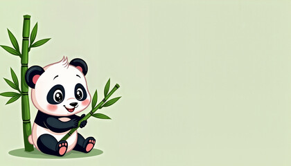 Cute panda holding bamboo on light green background
