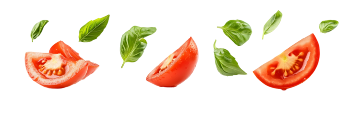 Floating Freshness: Tomato Wedges and Basil Leaves in Dynamic Arrangement
