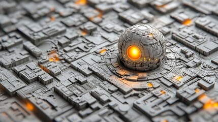 Intricate cityscape with glowing spherical object, futuristic geometric abstract art