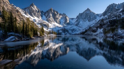 静寂を映す雪山と湖の絶景パノラマ