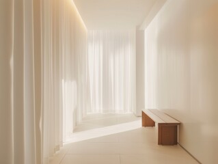 A white room with a bench and curtains. The room is very clean and empty