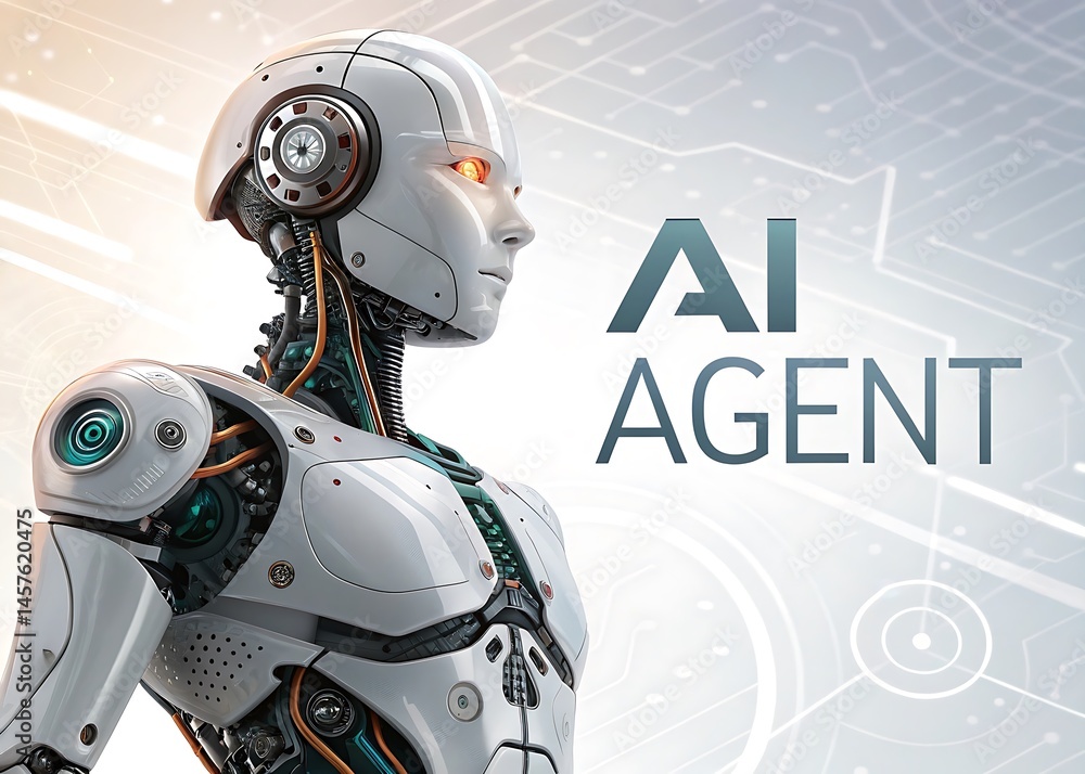 Aufkleber side view of a white robotic figure with glowing eyes and ai agent text on a bright background