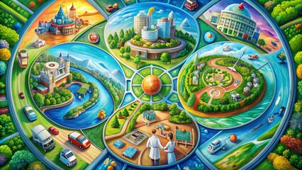 Aerial View of Hand-Painted Circle Illustrations Depicting Diverse Professions