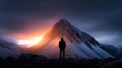 Fototapeta premium Silhouette einer Person vor einem Berg bei Sonnenaufgang mit dramatischer Beleuchtung
