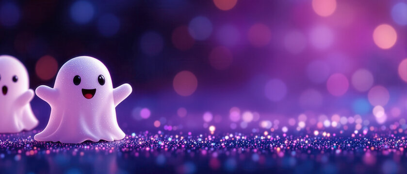 Glittery bokeh happy halloween banner header with cute tiny ghost character and lots of copy space on shiny background