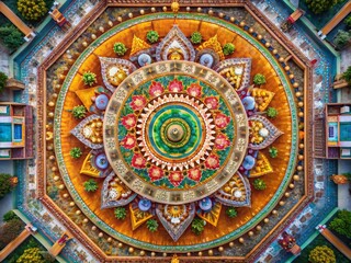 Aerial View of Intricate Mandala Design, Spiritual Sacred Geometry, Religious Concept Background
