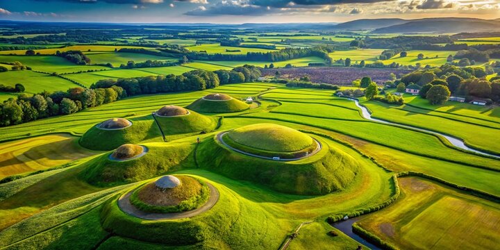Aerial View of Knowth Passage Tombs, Ireland - Prehistoric Bru na Boinne Site
