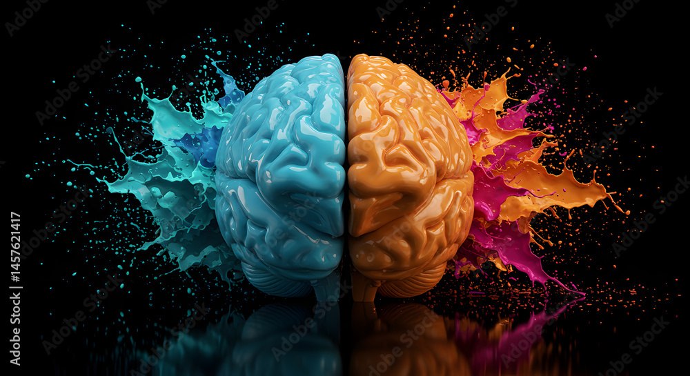 Poster vivid pixel brain with colorful splashes symbolizing creative intelligence and digital innovation on