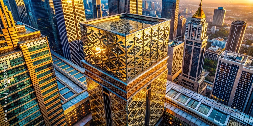 Poster aerial view of modern skyscraper with intricate damask facade design