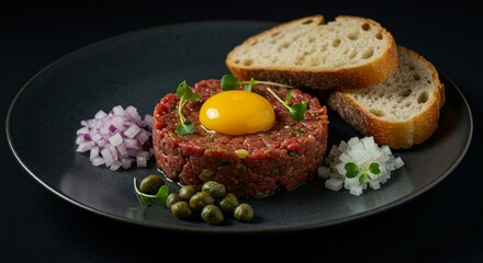 Beef Tartare Elegance with Egg Yolk and Capers
