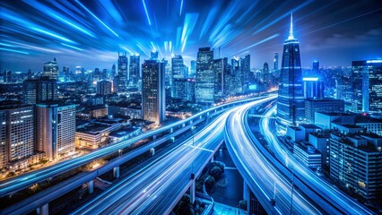 Fototapeta premium Aerial View of Moving Blue Lights at Night - Cityscape Illumination