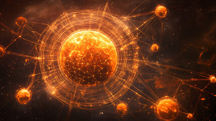 Obraz premium Gently rotating orange network structure in space, with each sphere connected by threads of light. solar threads. illustration. [Graviton Cities] | Turbine Hive | rotating structure. Illustration